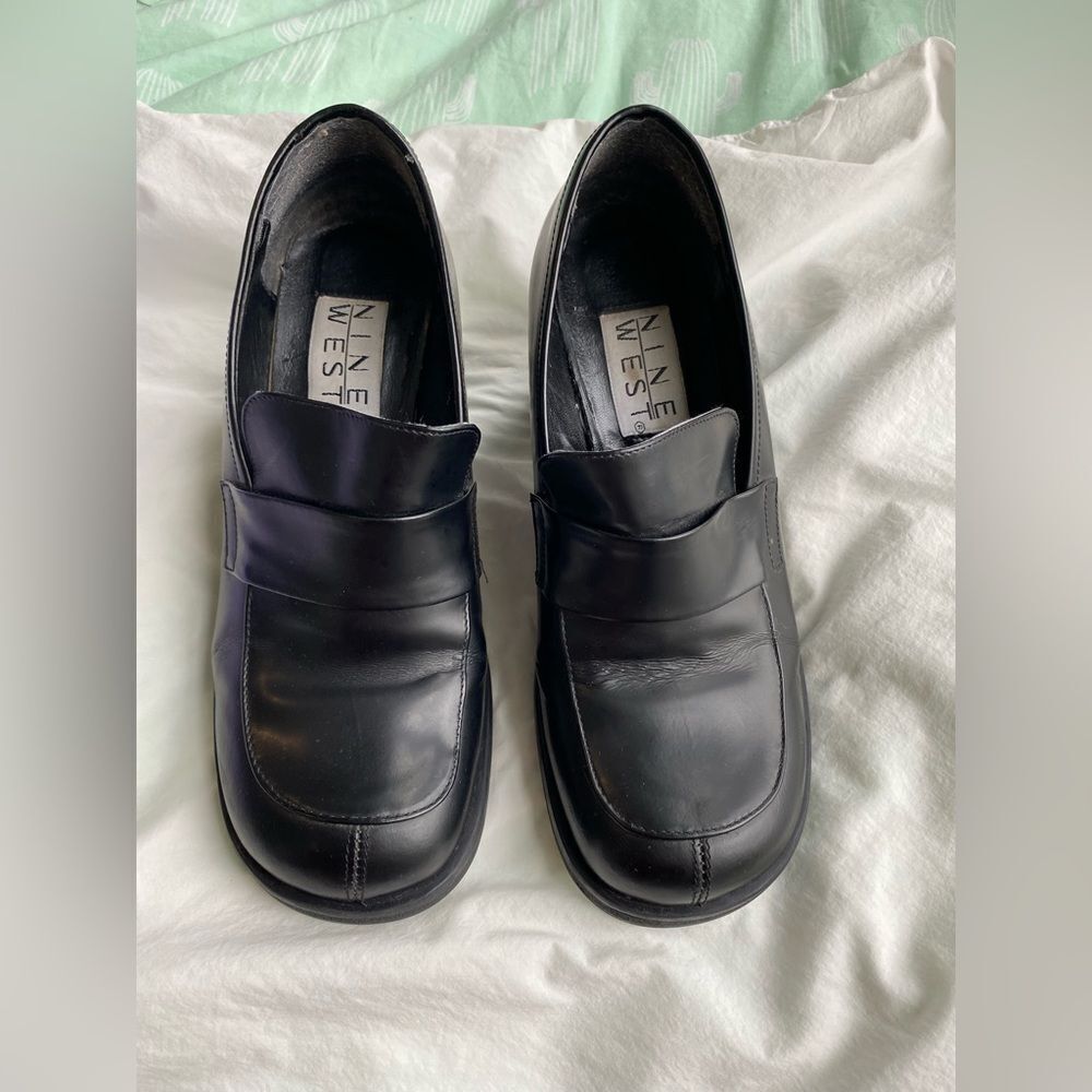 90s Heeled Loafer Black Leather Nine West Shoes - Picture 2 of 9